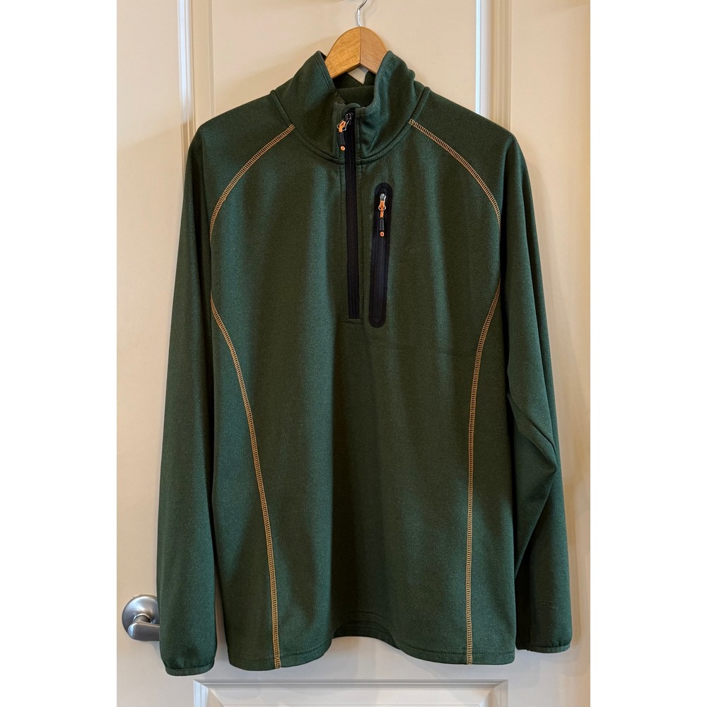 Orvis Mens 1/4 Zip Pullover Forest Green Orange Trim Mock Neck Sweatshirt Size M